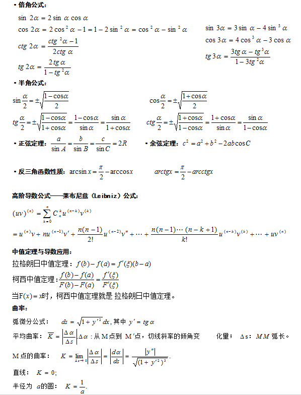 2020年江苏成人高考高等数学（一）必背重要公式