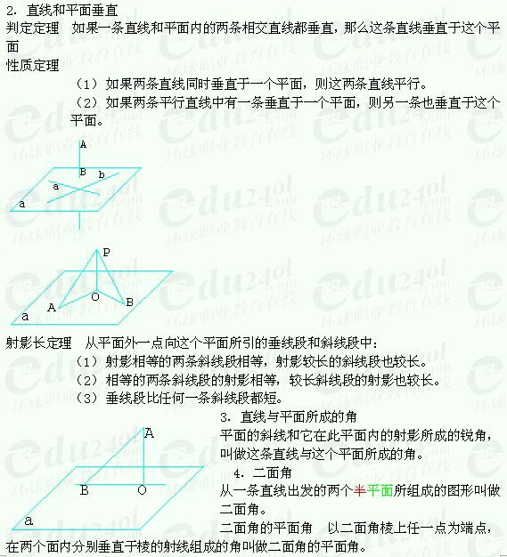 【江苏成人高考】复习资料理科数学--直线与平面