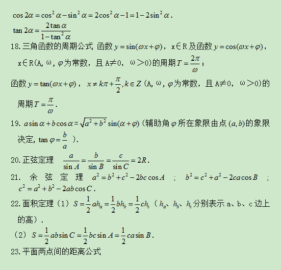 2020年江苏成人高考高起点理科数学公式归纳