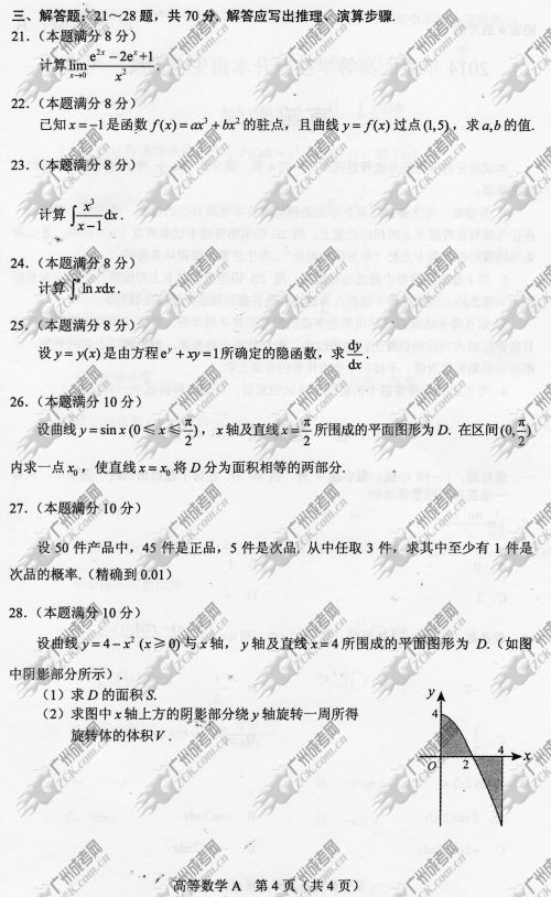 新疆成人高考2014年统一考试专升本高等数学真题A卷